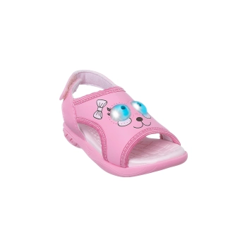 Na imagem temos uma linda sandália de led infantil feminina Ortopé com estampa de monstrinho na cor rosa.