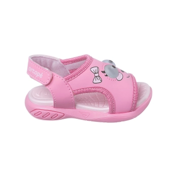Na imagem temos uma linda sandália de led infantil feminina Ortopé com estampa de monstrinho na cor rosa.