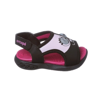 Na imagem temos uma linda sandália de led infantil feminina Ortopé com estampa de monstrinho nas cores preto e pink.