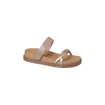 Na imagem temos uma linda sandália papete infantil feminina estilo birken com uma tira larga de strass na cor cobre.