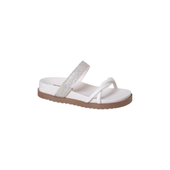 Na imagem temos uma linda sandália papete infantil feminina estilo birken com uma tira larga de strass na cor Off White.