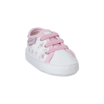 Na imagem, um lindo Tênis para Bebês menina, na cor Branco com estampa Floral, com calce fácil e Super confortável. 