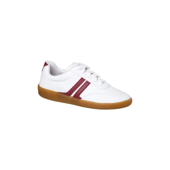 Na imagem temos o tênis feminino dijean casual branco com tiras bordô e fachamento em cadaço
