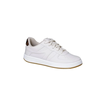 Na imagem temos o lindo tênis feminino dijean flatform com fecho em cadarço nas cores off white e detalhes em onça