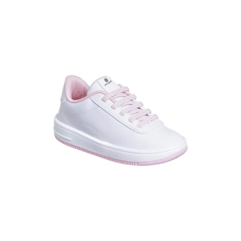 Tênis Infantil Feminino Ortopé Linha Bliss Com Cadarço Elástico e acabamento na cor Branco e Rosa.