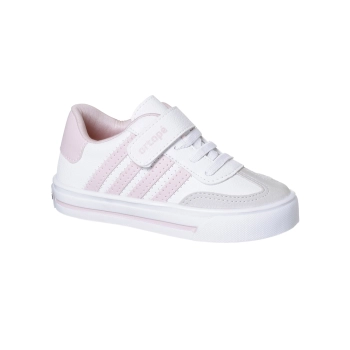 Tênis Infantil Feminino Ortopé Fita Aderente Listras Branco Rosa