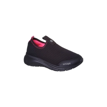 Na imagem temos um lindo tênis Ortopé Flex Run Calce Fácil na cor preto pink cabedal em tecido flexivel e macio.