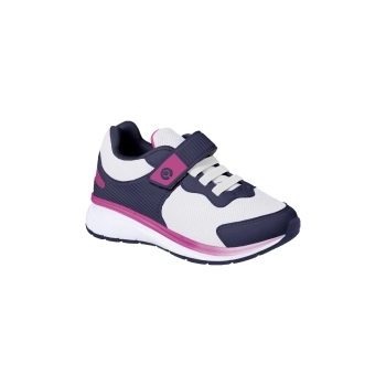 Na imagem temos o tênis infantil feminino ortopé flex run cadarço elástico com fita aderente nas cores marinho pink