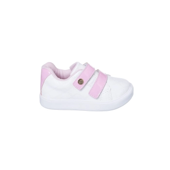 Na imagem temos um lindo tênis na cor branco e rosa, com fecho duplo aderente, confortável, acolchoado perfeito para os pézinhos delicados das pequenas