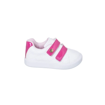 Na imagem temos um lindo tênis na cor branco e Pink, com fecho duplo aderente, confortável, acolchoado perfeito para os pézinhos delicados das pequenas