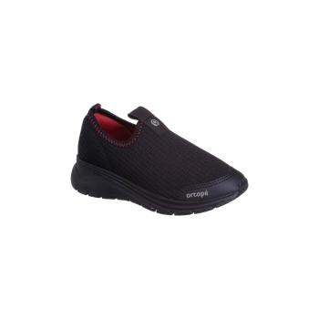Na imagem temos um lindo tênis Ortopé Flex Run Calce Fácil na cor preto vermelho cabedal em tecido flexivel e macio.