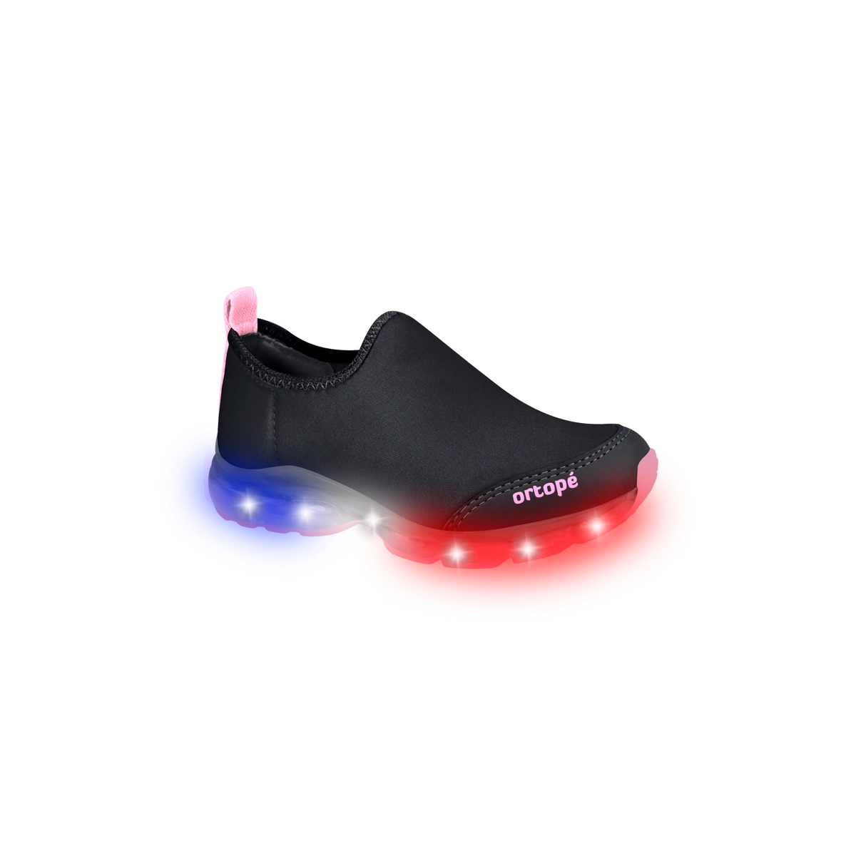 Tênis De Led Infantil Feminino Ortopé Power Light Detalhe Gorgurão Calce Fácil Preto Rosa
